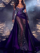 preiswerte lila-Meerjungfrau Abendkleid Pailletten Kleid formelle Black Tie Gala Kapelle Zug ärmellos strapless Herbst Hochzeitsfeier mit Perlen Maskeradenkleid