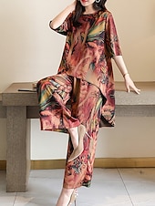 economico Abbigliamento da casa da donna-set di abbigliamento da casa da donna, moda floreale, casual, comfort, strada, quotidiano, appuntamento, traspirante, girocollo, manica corta, maglietta, pantaloni, tasca, estate, primavera, casa,