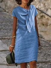 abordables vestidos de algodón y lino de diseño-Mujer Vestido blanco Vestido informal Vestido de Algodón Vestido Midi Acordonado Anudado Básico Casual Diario Vacaciones Escote en Pico Manga Corta Verano Primavera Negro Blanco Plano
