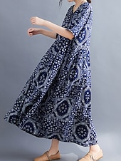 billige Boho-kjoler-Dame Maxikjole Uformell kjole Etnisk kjole Swingkjole Sommerkjole Årgang Retro Rød Fritid Feriereise Daglig Ferie Løstsittende Stamme Halvlange ermer Crew-hals Svart Rød Navyblå Sommer Vår Høst