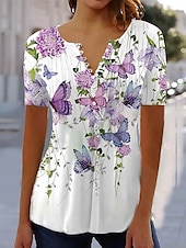 economico T-shirt floreale-Per donna maglietta Camicia Henley Floreale Farfalla Tuniche Essenziale Manica corta Rotonda Top regolari Per eventi Fine settimana Bottoni Stampa Bianco Viola