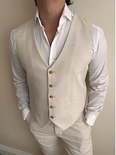 economico Abiti casual-Completi da matrimonio in lino da uomo beige estate a tinta unita sagomati a 2 pezzi