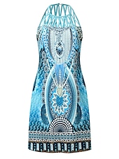 billige Boho-kjoler-Dame Mini kjole Uformell kjole Etnisk kjole Boho-kjole Halter Neck kjole Mote Klassisk Fritid Feriereise Daglig Ferie Normal Geometrisk Trykt mønster Ermeløs Crew-hals Grimehals Svart Blå Grønn