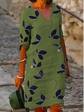 abordables Robe Fleurie-Robe Midi Femme Coton Lin Robe Décontractée Robe Shift Robe Midi Imprimée Décontractée Quotidien Vacances Col V Manches Courtes Été Printemps Blanc Violet Feuille