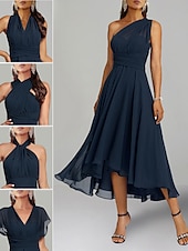abordables Robes pour invitées de mariage-Robes de Mariage Invité A-Line Robe Élégante Formelle Fête de Mariage Longueur Thé Sans Manches Une Épaule Invité de Mariage Automne Chiffon avec Fronces 2025