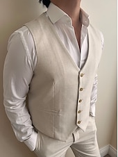 economico Abiti casual-Completi da matrimonio in lino da uomo beige estate a tinta unita sagomati a 2 pezzi