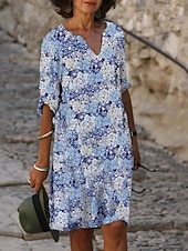 levne Boho šaty-Ženské mini šaty malé šaty tričkové šaty tee šaty posunovací šaty letní šaty aktivní vintage móda venkovní dovolená pravidelné střih květinový 1/2 rukáv V výstřihem růžové námořnické modré modré šedé