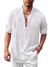 economico Casual da lavoro-Per uomo Camicia Camicia in lino e cotone Camicia con colletto cinese Camicia con colletto alla coreana Camicia popover Camicia estiva Liscio Da mare Informale Nero Bianco Blu Marrone Manica lunga
