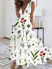 abordables Robes fleuries-Robes Maxi Femme Robe Décontractée Imprimé Floral Col V Décontractée Date Quotidienne Sans Manches Été Printemps