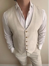 economico Abiti casual-Completi da matrimonio in lino da uomo beige estate a tinta unita sagomati a 2 pezzi