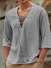 preiswerte Straße-Herren Hemd aus Baumwollleinen Weißes Baumwollhemd Sommerhemd Lässiges Hemd Glatt Casual Täglich Weiß Rosa Grau Leicht Blau Langarm V Ausschnitt Frühling Sommer Bekleidung Kordelzug