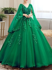  Robe de bal Longueur au sol Robes de Bal Princesse Bouffant Manche Courte Col en V Performance 16 Ans Tulle avec Appliques