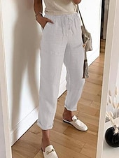 preiswerte Wesentliche Falsche Unterteile-Damen Kunstbaumwollleinen Hosen Hose Mode Volle Länge Einfach Seitentaschen Komfort Unelastisch Alltagstauglich Schwarz Weiß Khaki Grau Normale Passform