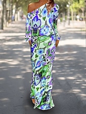 preiswerte Blusenanzüge für Damen-Damen Kleid-Set Casual kleid Etuikleid Kleid drucken Modisch Strassenmode Graphic Abstrakt Bedruckt Maxidress Langarm Ein-Schulter Outdoor Urlaub Rote Königliches Blau Himmelblau Sommer Frühling