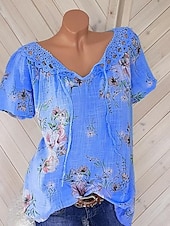 abordables Hauts en dentelle-Blouses en dentelle blanche élégante pour femmes blouses ajourées basiques florales imprimées courtes tops réguliers col en V décontractés romantiques petits tops pour l&#039;été vêtements de vacances
