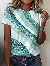 abordables T-shirt rayé et géométrique-t-shirt femme basique imprimé manches courtes hauts réguliers col rond quotidien week-end jaune rose bleu vert gris