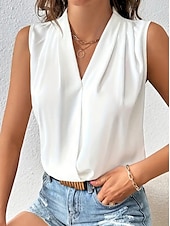 baratos Camisolas &amp; Baby Dolls de mulher-Womens Camisola Tank Top Plissada Envolvente Cetim Sólido  Simples Cor Básica Casual Decote V Sem Mangas Verão Preto Branco