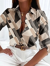 billiga Kvinnors randiga och geometriska toppar-Damtröja Knapp Ned Tunika Tröja Krage Lång Ärme Elegant Vintage Mode Geometrisk s Tryck Regular Tops Avslappnad Rosa Blå Grön Khaki Grå Vår Höst