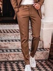 voordelige Casual pakken-Heren Bruiloft Strand Linnen pakken Bruin Beige Effen Getailleerd 2-delige set Enkele rij knopen met twee knopen