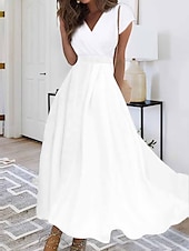 preiswerte Weiße Freizeitkleider-Damen Maxikleid Weißes Kleid Casual kleid Chiffon-Kleid Einfarbig Brautkleider schlicht Reifen Outdoor Täglich Wochenende Rüschen Kurzarm V Ausschnitt Kleid Regular Fit Weiß Rosa Rote Sommer Frühling