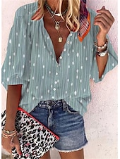 preiswerte Damen Kunst- und Design-Oberteile-Damen Hemd Bluse Basic Knöpfe Print Langarm Normal Oberteile V-Ausschnitt Casual Rosa Rot Blau Lila Braun Frühling Herbst