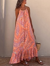 olcso Vakációs ruhák-Női Maxi hosszú ruha Boho ruha Boho elegáns ruhák Falevél Csehország Alkalmi Napi Szabadság Fodrozott Nyitott hátú Ujjatlan Kötőfék nyaka Ruha Normál Narancssárga Nyár Tavasz S M L XL