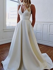 economico abiti da sposa casual-Abiti da sposa semplici e casual a linea A scollo a V senza maniche lunghezza corta abiti da sposa in satin con tasca