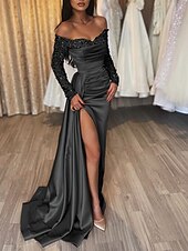 abordables Champagne-Robe de Soirée Sirène Robe Sequins Invité de Mariage Traîne Longue Manches Longues Épaules Dénudées Automne Réception de Mariage Satin avec Fente Ruchée Robe de Mascarade 2025