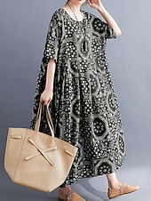 billige Boho-kjoler-Dame Maxikjole Uformell kjole Etnisk kjole Swingkjole Sommerkjole Årgang Retro Rød Fritid Feriereise Daglig Ferie Løstsittende Stamme Halvlange ermer Crew-hals Svart Rød Navyblå Sommer Vår Høst