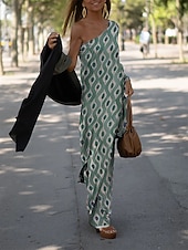 abordables Robes de vacances-robe décontractée pour femme robe droite imprimé géométrique une épaule maxi robe longue décontractée tous les jours vacances manches longues été printemps
