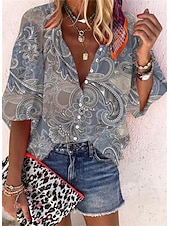 preiswerte Damen Kunst- und Design-Oberteile-Damen Hemd Bluse Basic Knöpfe Print Langarm Normal Oberteile V-Ausschnitt Casual Rosa Rot Blau Lila Braun Frühling Herbst