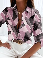 billiga Kvinnors randiga och geometriska toppar-Damtröja Knapp Ned Tunika Tröja Krage Lång Ärme Elegant Vintage Mode Geometrisk s Tryck Regular Tops Avslappnad Rosa Blå Grön Khaki Grå Vår Höst