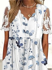 ieftine Rochii casual florale-Pentru femei Rochii Midi Rochie A line Rochie de vară Rochie imprimata Modă Modern Mânecă din dantelă În aer liber Vacanță Zilnic Fit regulat Floral Manșon scurt Gât festonat Alb Vară Primăvară