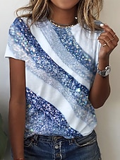 abordables T-shirt rayé et géométrique-t-shirt femme basique imprimé manches courtes hauts réguliers col rond quotidien week-end jaune rose bleu vert gris