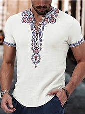 ieftine Model etnic-Bărbați Floral Έθνικ Cămașă cămașă de in Camașă cu nasturi Manșon scurt Modă Șic Stradă Designer În aer liber Casual Zilnic Primavara vara Guler de stand Imprimeu Galben Roșu-aprins Albastru piscin