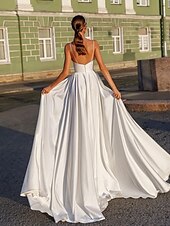 cheap Wedding Dresses-Beach Casual Wedding Dresses A-Line Spaghetti Strap Camisole Spaghetti Strap Sweep / Brush Train Satin Bridal Gowns With Ruched 2024