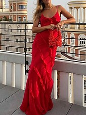 preiswerte Kleider für den-Damen schwarzes kleid Ballkleid abendkleider Rüsche Gespleisst Spaghetti-Träger Ärmellos kleid hochzeitsgast Urlaub Schwarz Rote Sommer Frühling