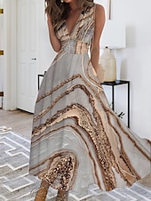 abordables Robe Fleurie-Robe Maxi Femme Robe Décontractée Imprimé Feuille Col V Maxi Long Robe Décontractée Quotidien Rendez-vous Sans Manches Été Printemps