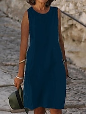 cheap Dresses-Women&#039;s Light Blue Black White Summer Spring Midi Dress White Dress Cotton Linen Dresses Sundress Classic Casual Vacation Daily Loose Fit Plain U Neck