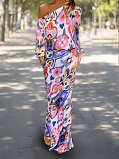 preiswerte Blusenanzüge für Damen-Damen Kleid-Set Casual kleid Etuikleid Kleid drucken Modisch Strassenmode Graphic Abstrakt Bedruckt Maxidress Langarm Ein-Schulter Outdoor Urlaub Rote Königliches Blau Himmelblau Sommer Frühling