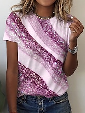 abordables T-shirt rayé et géométrique-t-shirt femme basique imprimé manches courtes hauts réguliers col rond quotidien week-end jaune rose bleu vert gris