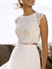 cheap Wedding Dresses-Beach Wedding Beach Boho Wedding Dresses Separates Scoop Neck Sleeveless Separates Lace Bridal Tops Bridal Gowns With Appliques Solid Color