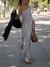 abordables Robes de vacances-robe décontractée pour femme robe droite imprimé géométrique une épaule maxi robe longue décontractée tous les jours vacances manches longues été printemps