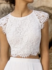 cheap Wedding Dresses-Beach Wedding Beach Boho Wedding Dresses Separates Scoop Neck Sleeveless Separates Lace Bridal Tops Bridal Gowns With Appliques Solid Color