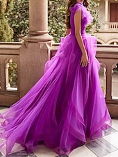 economico viola-Abito da sera A-Line abito floreale abito formale prom strascico senza maniche colletto a V in chiffon con volant 2025