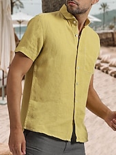 abordables Vacaciones-Hombre Camisa camisa de lino Camisa de lino de algodón Camisa de verano Camisa casual Camisa de playa Plano Vacaciones Hawaiano Negro Blanco Amarillo Manga Corta Diseño Primavera verano Ropa Bolsillo