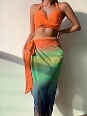 billiga Bikiniset i 3 delar-Dam Vanligt Badkläder Bikini Strandbotten Tre delar Kjol Baddräkt 3 st Tryck Standkläder Sommar Gradientfärg Ärmlös Baddräkter