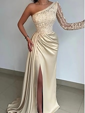 cheap CHAMPAGNE-Mermaid Evening Gown Hot Dress Formal Wedding Guest Sweep / Brush Train Long Sleeve One Shoulder Bridesmaid Dress Satin with Rhinestone Appliques Masquerade Dress