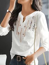 preiswerte Wesentliche Falsche Hemden-Damen Hemd Kunstbaumwollleinen Stickerei Ethnisch Elegant Mode V Ausschnitt Weiß Sommer Frühling Herbst