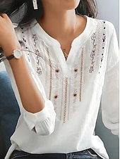 preiswerte Wesentliche Falsche Hemden-Damen Hemd Kunstbaumwollleinen Stickerei Ethnisch Elegant Mode V Ausschnitt Weiß Sommer Frühling Herbst